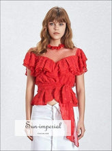 Becky top - Vintage Solid Chiffon Shirt for Women Short Sleeve Ruffles Asymmetrical Hem Polka Dot Casual Shirt, Blouse, Female Fashion, 