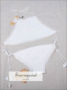 Beige Crochet Bikinis Sets Handmade Knitted Cotton Swimwear Swimsuit top + bottom