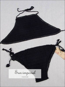 Beige Crochet Bikinis Sets Handmade Knitted Cotton Swimwear Swimsuit top + bottom