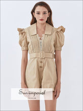 Beige Fitted Short Sleeve Belted Romper with Deep V Neckline and Lace Trim detail Basic style, bohemian boho casual eige SUN-IMPERIAL United