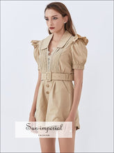 Beige Fitted Short Sleeve Belted Romper with Deep V Neckline and Lace Trim detail Basic style, bohemian boho casual eige SUN-IMPERIAL United