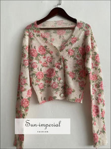 Beige Rose Print Women V-neck Long Sleeve Single Breasted Knitwear Short Cardigan Sweater casual style, Unique vintage style SUN-IMPERIAL 