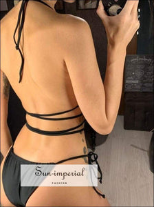 Beige Wrap around String Triangle Bikini top & side Tie bottom Set Set, Black Around triangle tie bikini set, White SUN-IMPERIAL United 