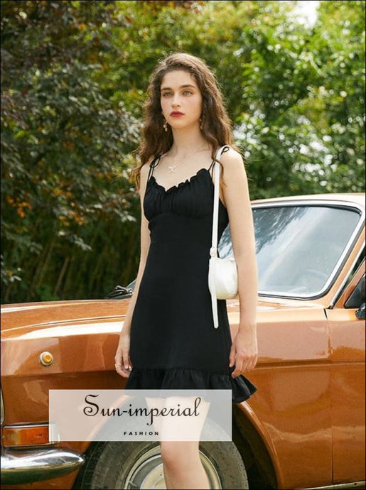 Black Adjustable Tie Straps Mini Dress with Ruffle Edge Decor SUN-IMPERIAL United States
