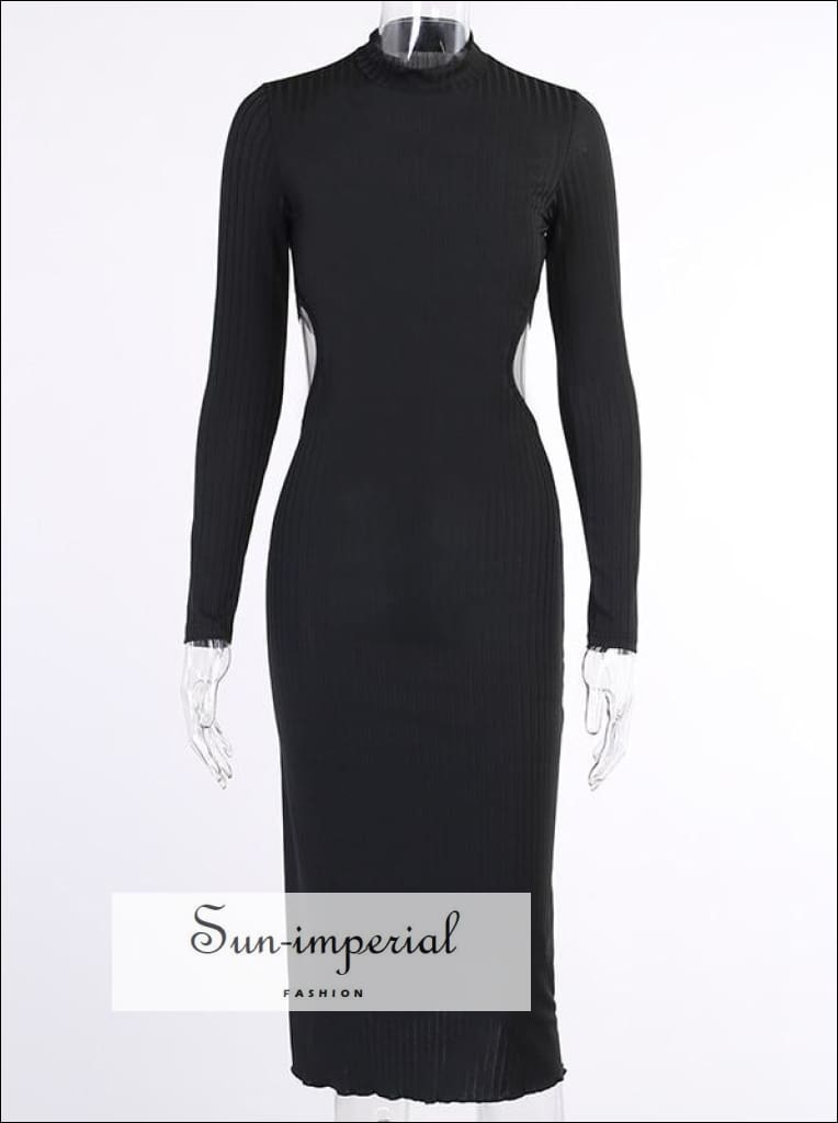 Sun-Imperial - Black Backless Long Sleeve Ribbed Midi Dress with Mock Turtleneck Low Back and Tie Black / M Sun-Imperial - Black Backless Long Sleeve Ribbed Midi Dress with Mock Turtleneck Low Back and Tie Black / M