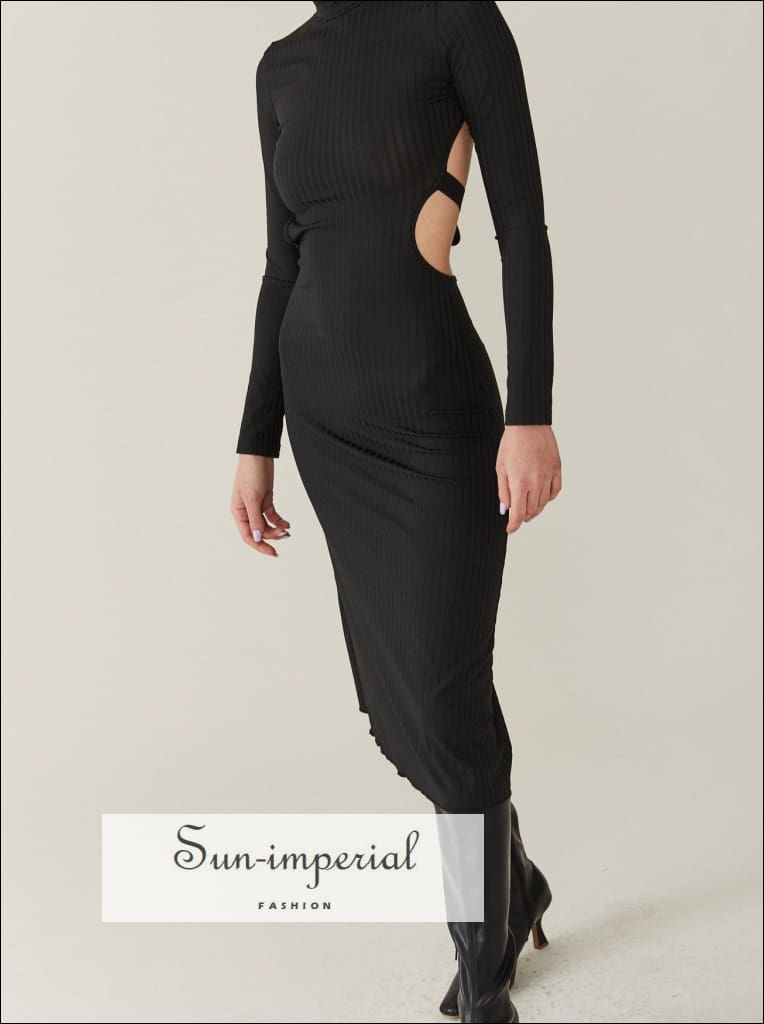Sun-imperial - Black backless long sleeve ribbed midi dress with mock turtleneck low back and tie Black / M Sun-imperial - Black backless long sleeve ribbed midi dress with mock turtleneck low back and tie Black / M