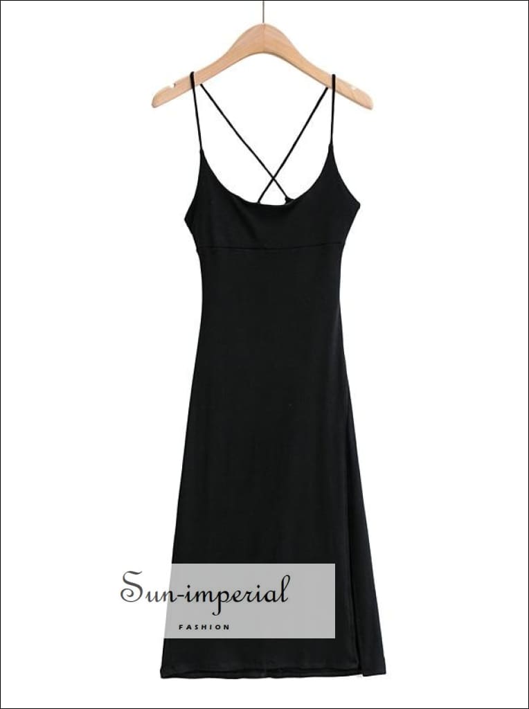 Black Criss Cross back Ribbed Cami Strap Midi Dress with High front Split detail Basic style, Casual, casual dress, chick sexy high street 