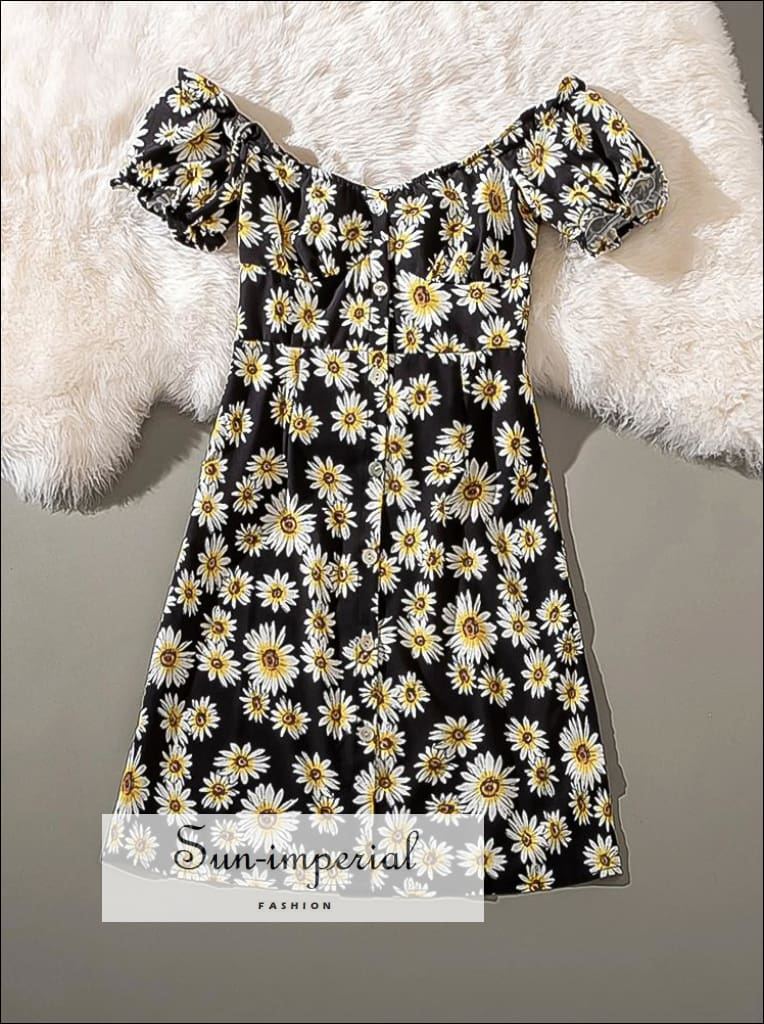 Sun-imperial - black daisy print short puff sleeve mini dress a-line ruched bust floral print summer Sun-Imperial Sun-imperial - black daisy print short puff sleeve mini dress a-line ruched bust floral print summer Sun-Imperial