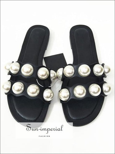 Black Double Band Pearl Flats Sandals Casual Beach Slide Flip Flops Slippers SUN-IMPERIAL United States