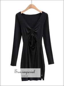 Black Drawstring front Bodycon Mini Dress with Cut-out detail Long Sleeved SUN-IMPERIAL United States