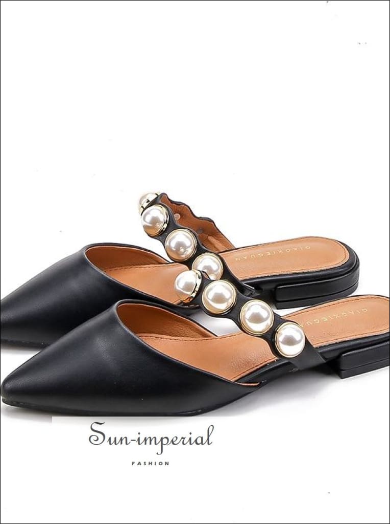 Black Flats Pointed Slides with Pearl Band Low Heel Slippers SUN-IMPERIAL United States
