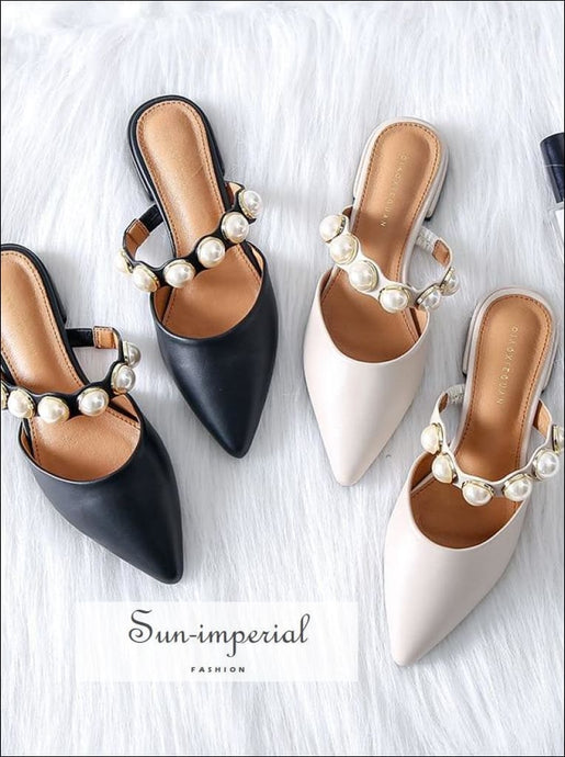 Black Flats Pointed Slides with Pearl Band Low Heel Slippers SUN-IMPERIAL United States