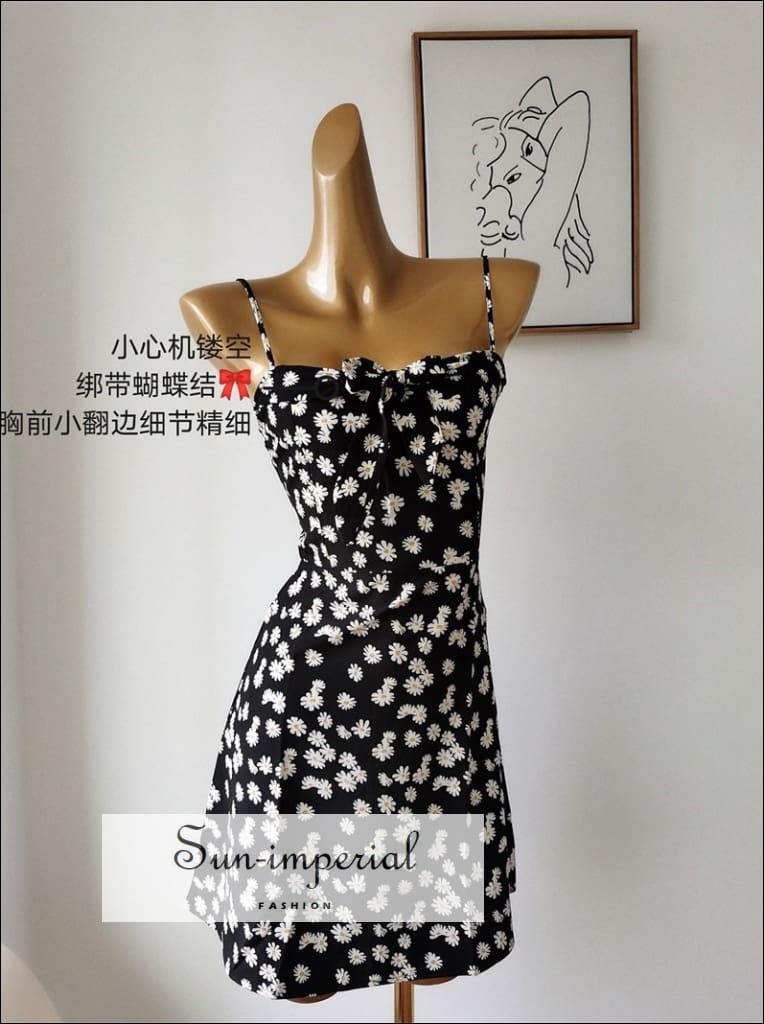 Sun-Imperial - Black Floral Cami Mini Derss Sweetheart Neckline Tie Front Daisy Print Mini Dress Black / M Sun-Imperial - Black Floral Cami Mini Derss Sweetheart Neckline Tie Front Daisy Print Mini Dress Black / M