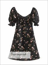 Black Floral Mini Dress a Line Ruched Square Neck Frill Sleeve with Bowknot front