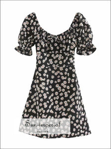 Black Floral Mini Dress a Line Ruched Square Neck Frill Sleeve with Bowknot front
