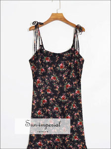 Black Floral Print Mini Dress with Tie Cross back Cami Strap and Ruffle detail chick sexy style, vintage style SUN-IMPERIAL United States