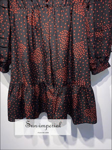 Black Heart Print V-neck Long Sleeve Mini Dress with Buttons and Ruffle detail elegant style, night out dress, Unique vintage style 