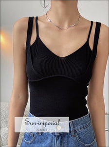 Black Knitted Double Strap Camisole V Neck Cropped Tank top Basic style, casual harajuku Preppy Style Clothes, PUNK STYLE SUN-IMPERIAL 