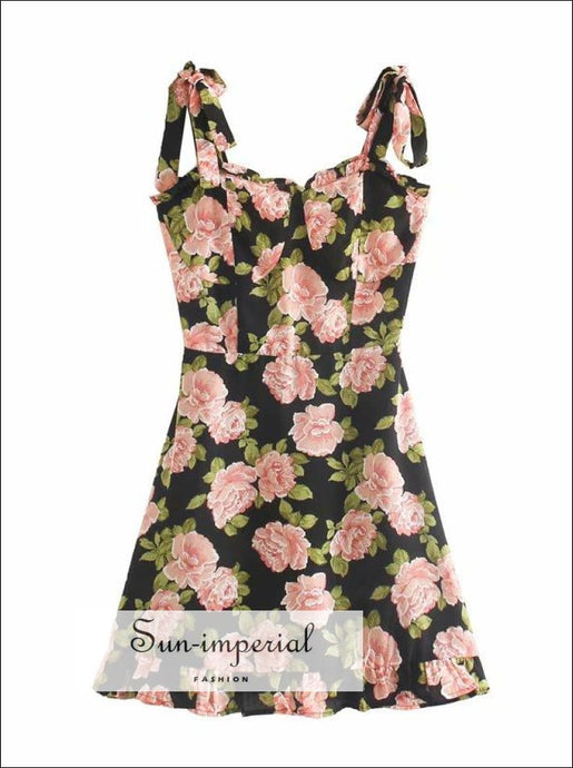 Black Mini A-line Tie Dye Shoulder Strap Vintage Floral Print Ruffle Decor Sleeveless Dress floral SUN-IMPERIAL United States