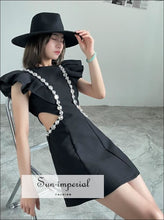 Black O Neck Cutout Waist Sleeveless Mini Dress with Ruffle Shoulders Diamond detail chick sexy style, elegant harajuku Preppy Style 