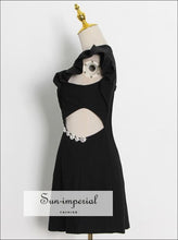 Black O Neck Cutout Waist Sleeveless Mini Dress with Ruffle Shoulders Diamond detail chick sexy style, elegant harajuku Preppy Style 