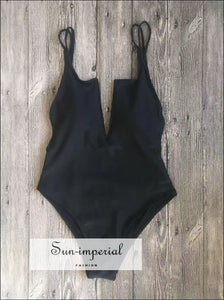 Black One Piece Women Swimsuit High Waisted Deep Plunge V-neck with Double Strap detail backless one piece women swimsuit, V-Neck With strap