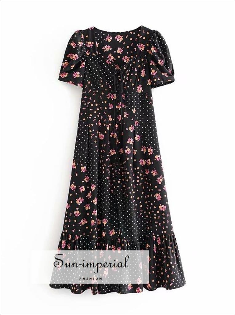 Black Pink Floral White Dot Patchwork Print Short Sleeve Midi Dress with Ruffles detail SUN-IMPERIAL United States
