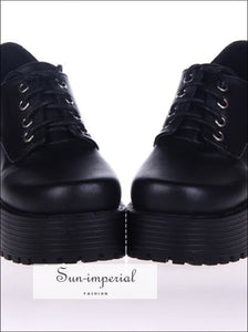 Black Punk Lace up Oxfords Vegan Leather with Short Block Heel and Chunky Treaded Soles casual style, harajuku SHOES, Preppy Style Clothes, 
