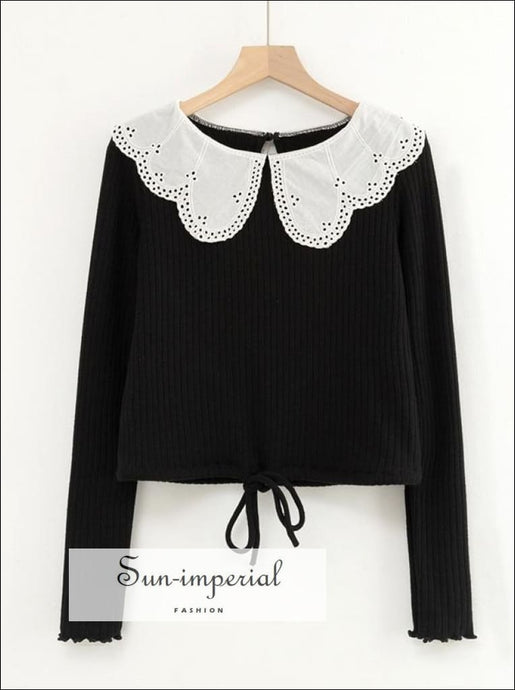 Black Ribbed Long Sleeve Women top Blouse with White Lace Peter Pan Collar bohemian style, boho harajuku Preppy Style Clothes, Top With 