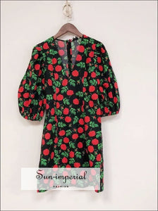 Black Rose Print Puff Short Sleeve V- Neck Mini Dress sleeve Dress, bohemian style, boho elegant harajuku style SUN-IMPERIAL United States