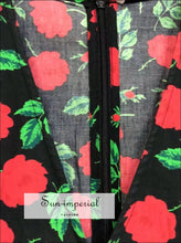Black Rose Print Puff Short Sleeve V- Neck Mini Dress sleeve Dress, bohemian style, boho elegant harajuku style SUN-IMPERIAL United States