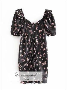 Black Short Sleeve Floral Print Drawstring Backless Sweetheart Neckline Mini Dress chick sexy style, night out dress, party dress 