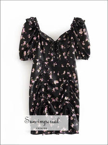 Sun-imperial - black short sleeve floral print drawstring backless sweetheart neckline mini dress Sun-Imperial Sun-imperial - black short sleeve floral print drawstring backless sweetheart neckline mini dress Sun-Imperial
