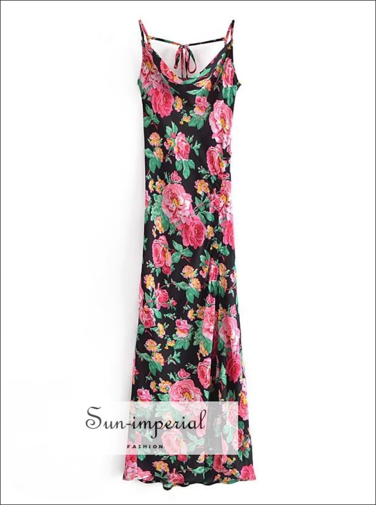 Sun-imperial - Black slit backless halter satin party maxi dress with pink floral rose print M Sun-imperial - Black slit backless halter satin party maxi dress with pink floral rose print M
