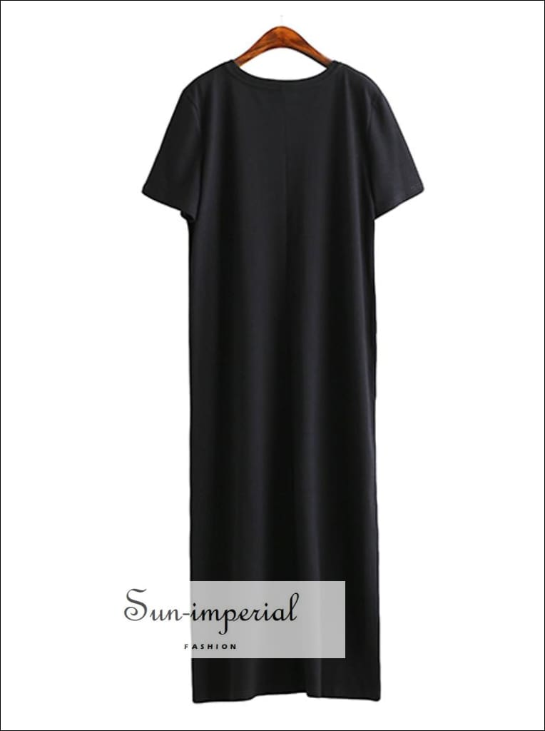 Black T Shirt Dress Maxi Vintage Casual Boho Black Long over Size Dress with a Slit