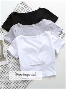 Black V-neck Warp Women Short Sleeve T-shirt Cotton Solid Tee