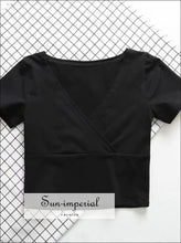 Black V-neck Warp Women Short Sleeve T-shirt Cotton Solid Tee
