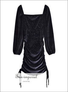 Black Velvet Long Sleeve Sequin Mini Dress with Square Collar Dual side Drawstring Ruched Bodycon With Side Party Dress, chick sexy style, 