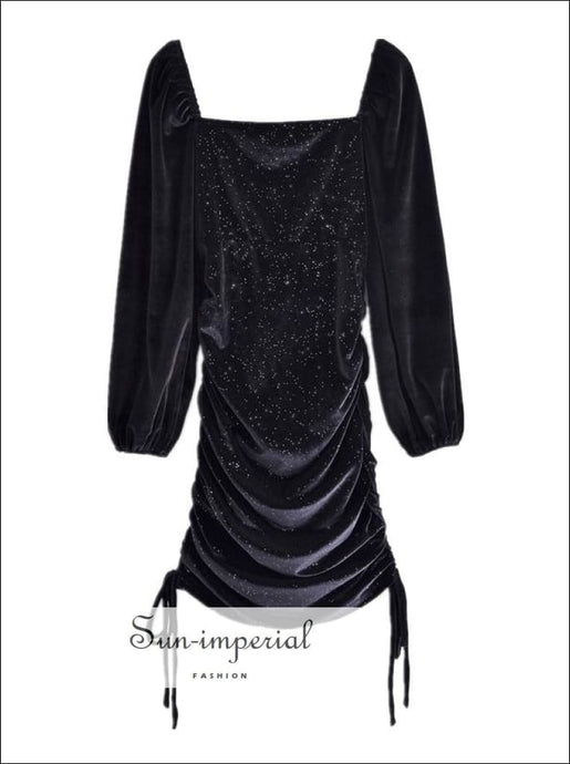 Black Velvet Long Sleeve Sequin Mini Dress with Square Collar Dual side Drawstring Ruched Bodycon With Side Party Dress, chick sexy style, 