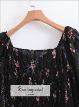 Black Vintage Floral Mini Dress Elastic Waist Ruffles Decor Summer Beach SUN-IMPERIAL United States