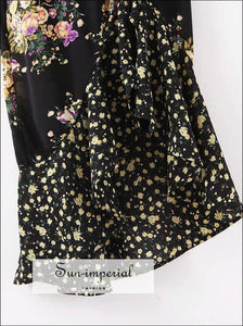 Black Vintage Floral Print Dress O Neck Cut out Chiffon Semi Sheer Sleeve Elegant Party SUN-IMPERIAL United States