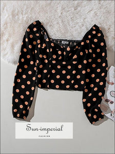 Black Vintage Long Sleeve Bodycon Orange Dot Women top Square Collar Crop top