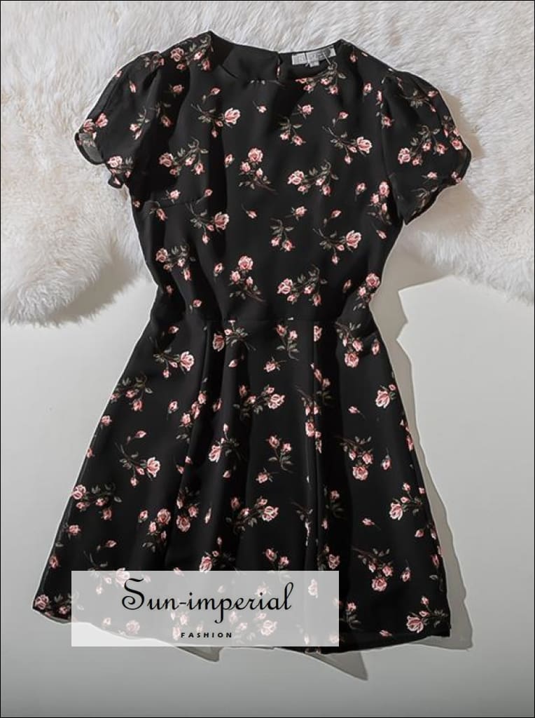 Black Vintage Multi Color Dot Print Short Sleeve Mini Dresses