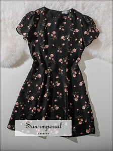Black Vintage Pink Floral Print Short Sleeve Mini Dresses