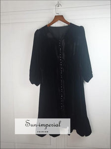 Black Vintage Velvet Loose Single-breasted V-neck 3/4 Sleeve Mini Dress Dresses, bohemian style, boho dress, dresses SUN-IMPERIAL United 