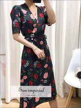 Black Warp Floral Print Midi Dress Short Sleeve V-neck Eu vintage, Women SUN-IMPERIAL United States