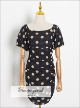Black with Pink Polka Dot Ruched Backless Mini Dress Square Neckline and Puff Short Sleeve backless black mini dress pink dot, Beach Style 