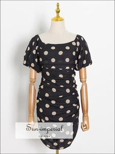 Black with Pink Polka Dot Ruched Backless Mini Dress Square Neckline and Puff Short Sleeve backless black mini dress pink dot, Beach Style 