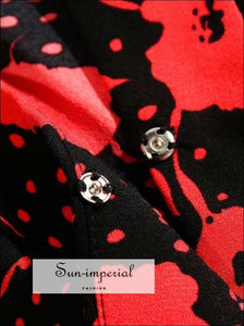 Black with Red Floral Print Vintage Short Sleeve Women Wrap Tie side Blouse