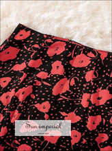 Black with Red Flower Print Midi Vintage Skirt High Waist Fit